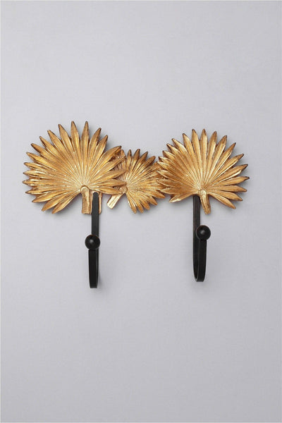 Gdecorstore All Hooks Gold Gold Dust Double Palm Leaves Resin Wall Connected Coat Hooks