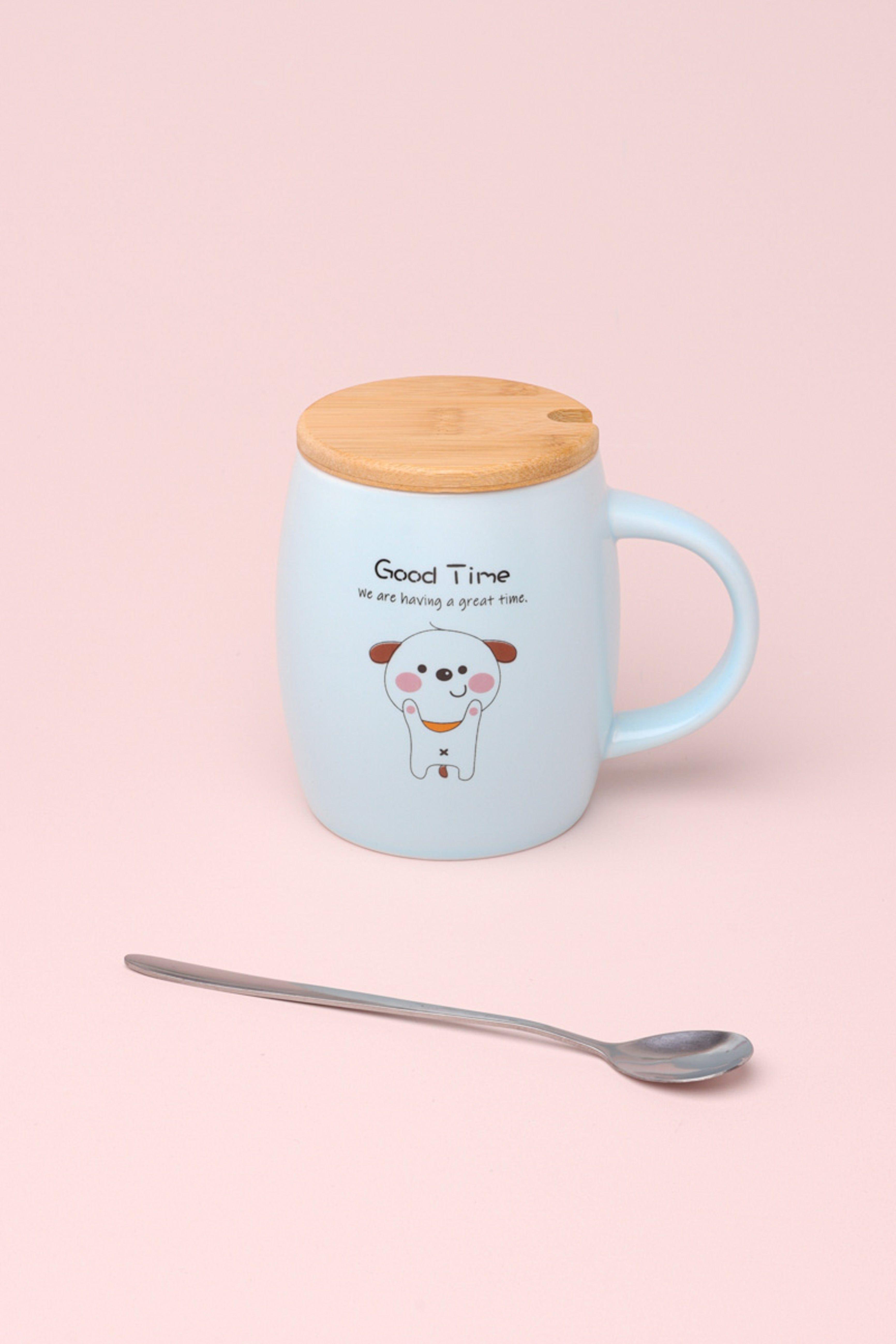 Good Time Puppy Mug Cute Dog Ceramic Coffee & Tea Cup with Lid and Spoon - G Decor