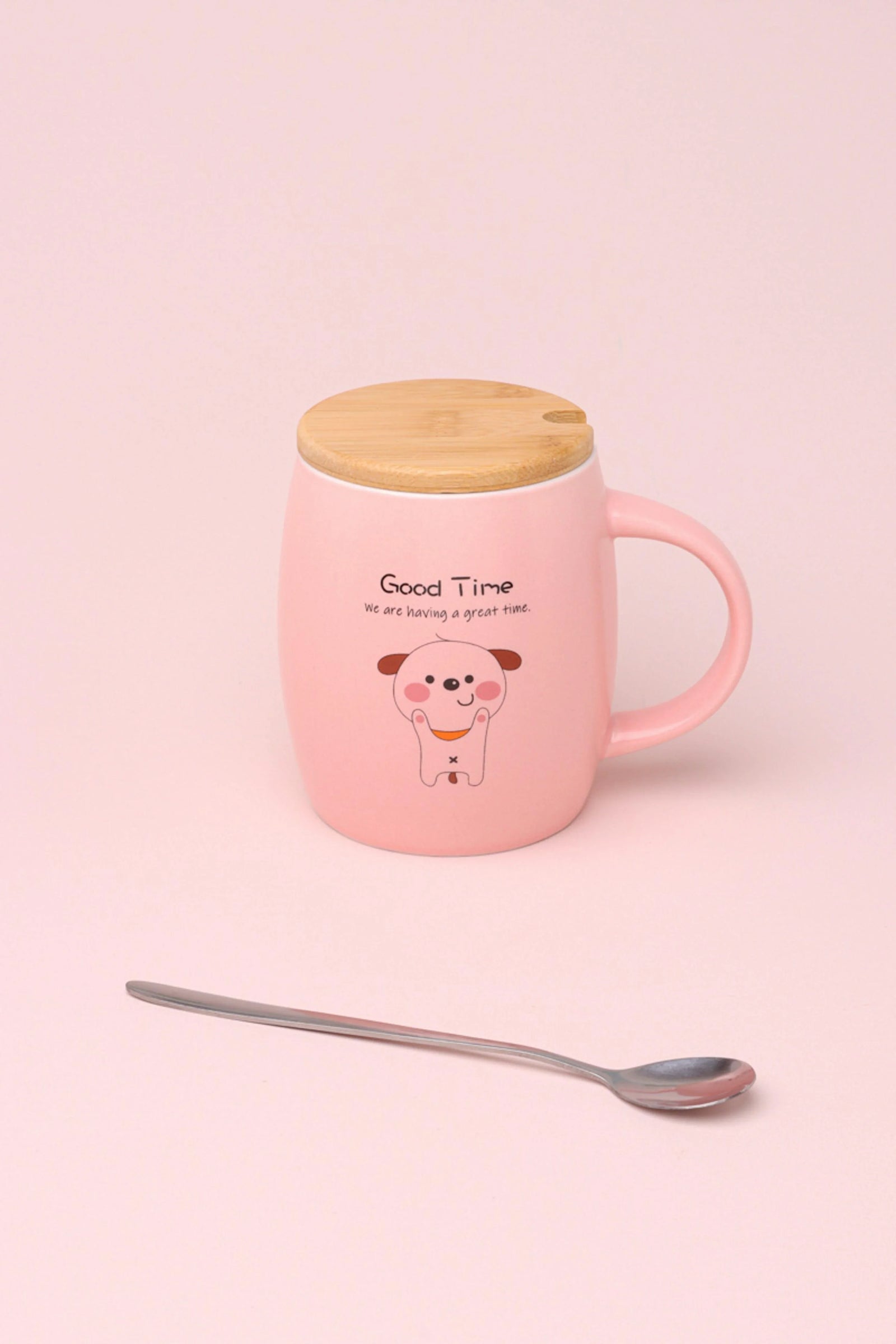 Good Time Puppy Cute Dog Ceramic Mug with Lid and Spoon — close-up view, G Decor