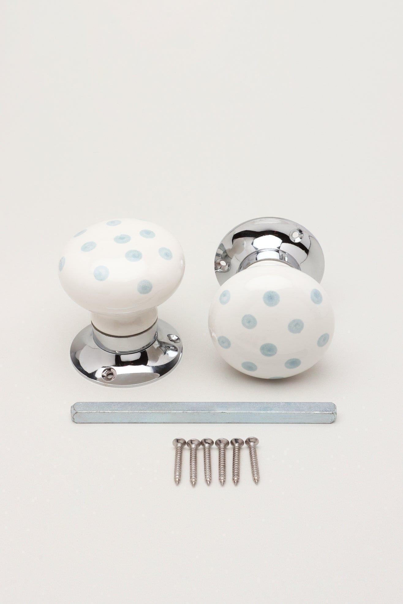 Grey Polka Dots on White – Handcrafted &amp; Hand-Painted Ceramic Mortice Door Knob Set with Chrome Base for Interior Room Doors - G Decor