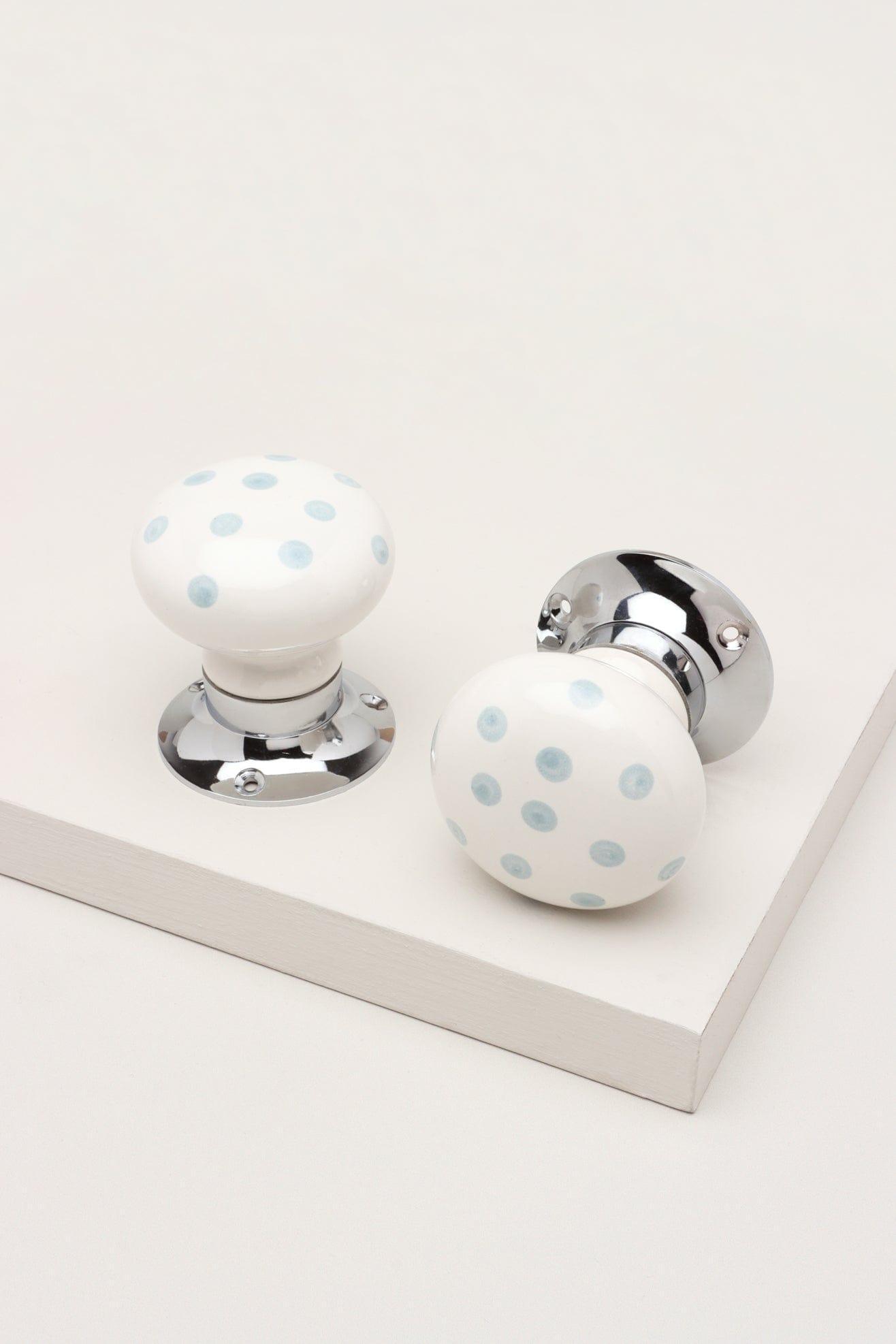 Grey Polka Dots on White – Handcrafted & Hand-Painted Ceramic Mortice Door Knob Set with Chrome Base for Interior Room Doors - G Decor