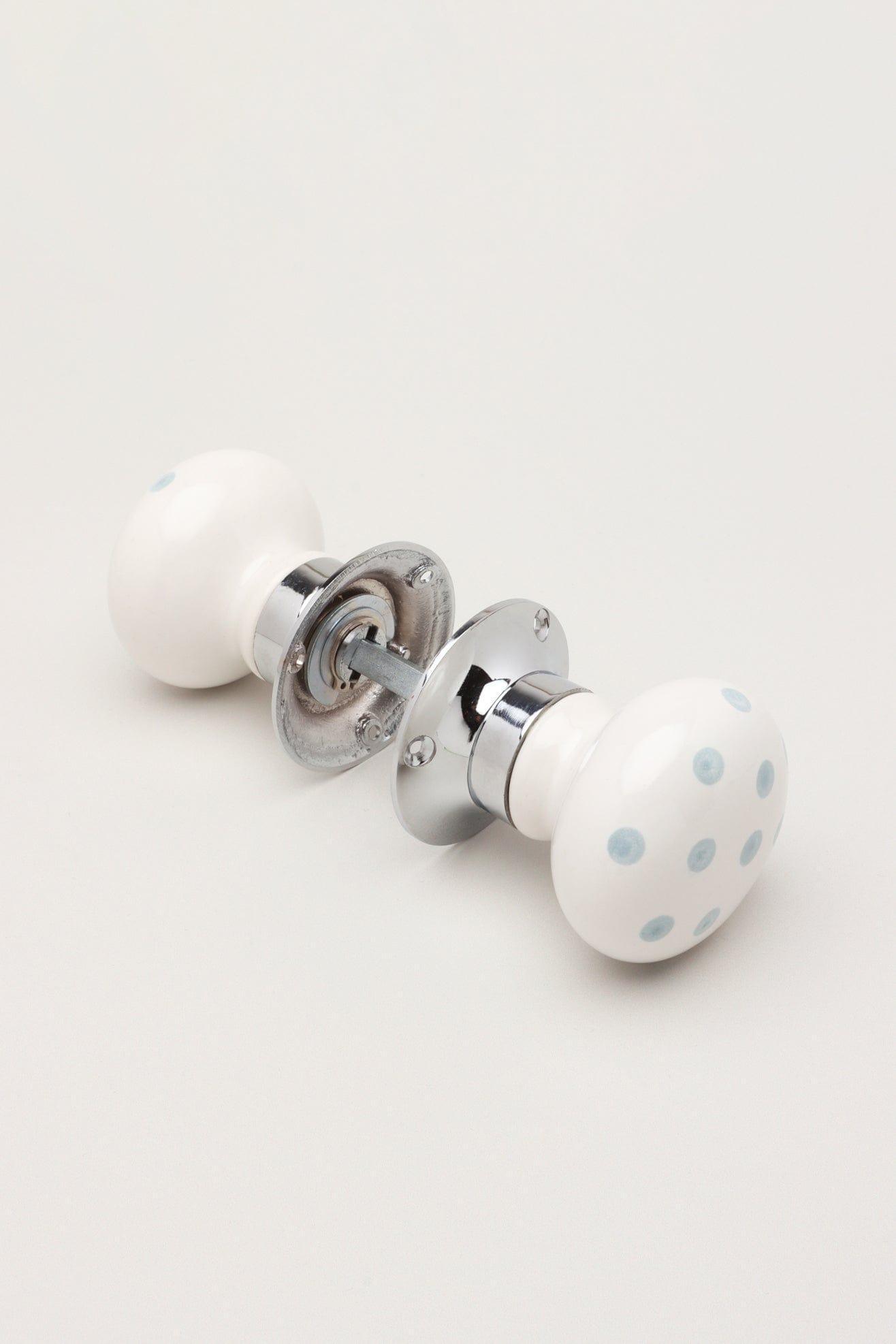 Grey Polka Dots on White – Handcrafted &amp; Hand-Painted Ceramic Mortice Door Knob Set with Chrome Base for Interior Room Doors - G Decor