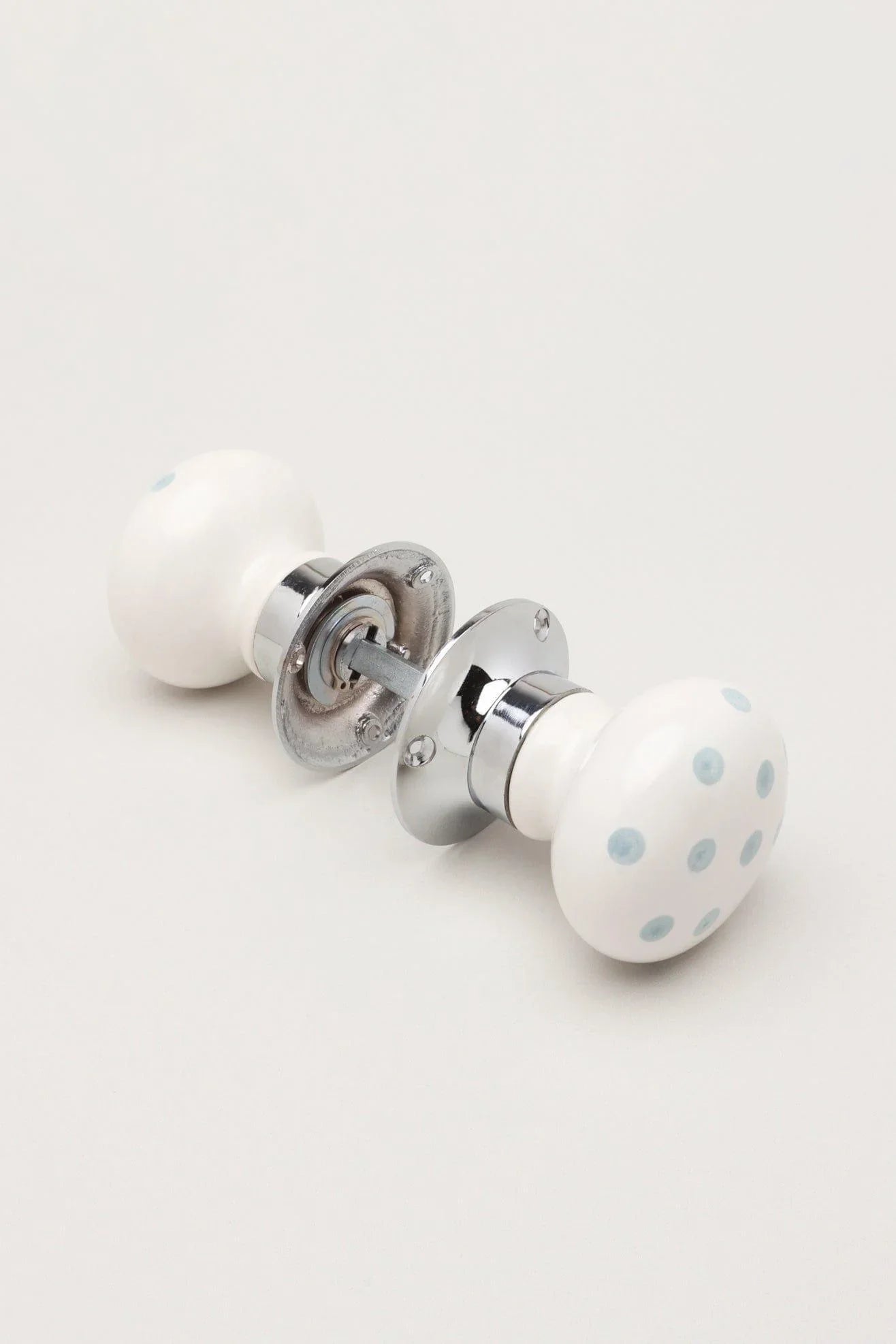 Grey Polka Dot Hand-Painted Ceramic Mortice Door Knobs with Chrome Base — close-up view, G Decor