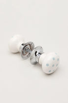 Grey Polka Dot Hand-Painted Ceramic Mortice Door Knobs with Chrome Base — close-up view, G Decor