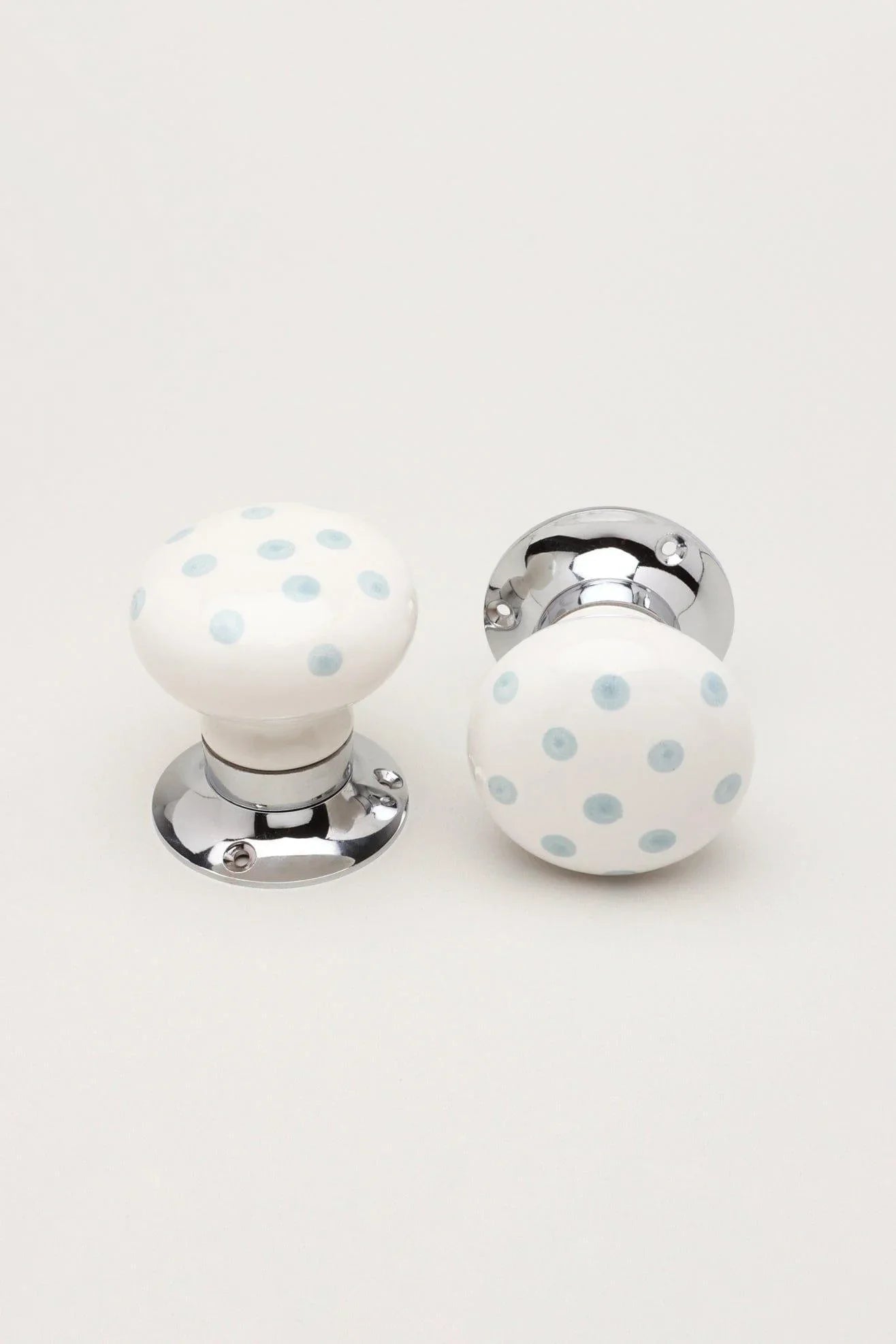Grey Polka Dot Hand-Painted Ceramic Mortice Door Knobs with Chrome Base — lifestyle view, G Decor