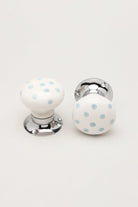 Grey Polka Dot Hand-Painted Ceramic Mortice Door Knobs with Chrome Base — lifestyle view, G Decor
