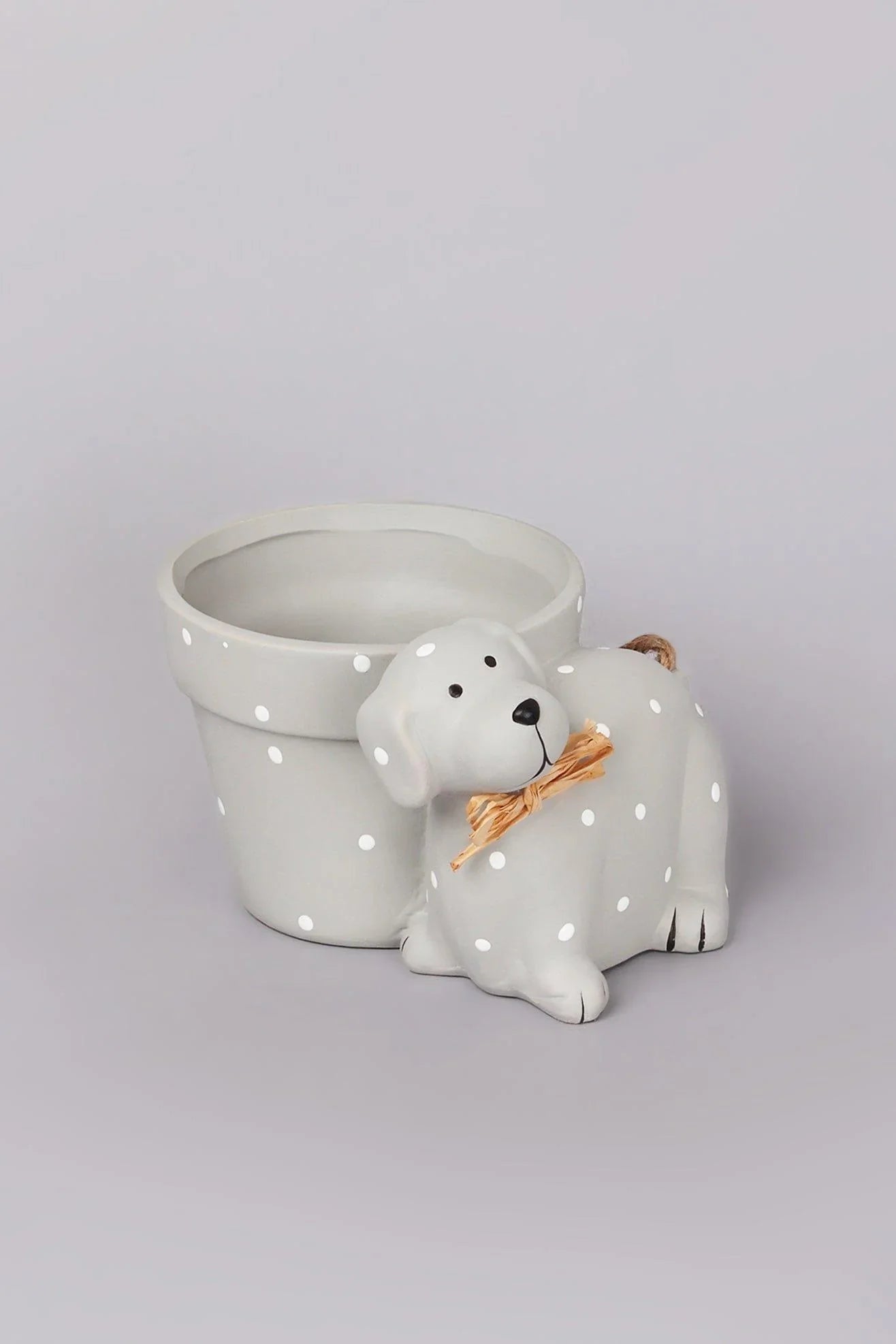 Percy Polka Dot Ceramic Dog Planter in Soft Grey — lifestyle view, G Decor