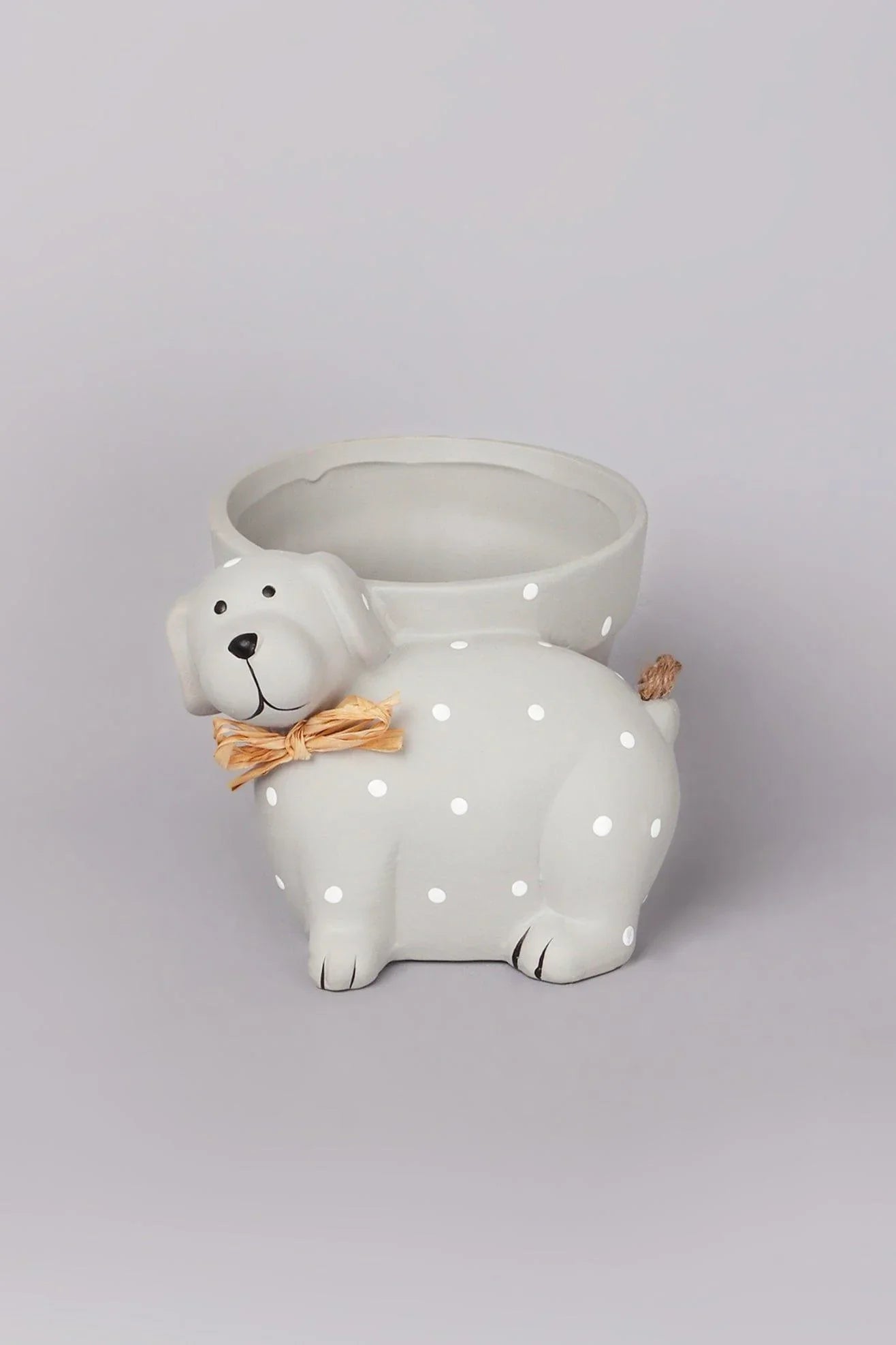 Percy Polka Dot Ceramic Dog Planter in Soft Grey — close-up view, G Decor
