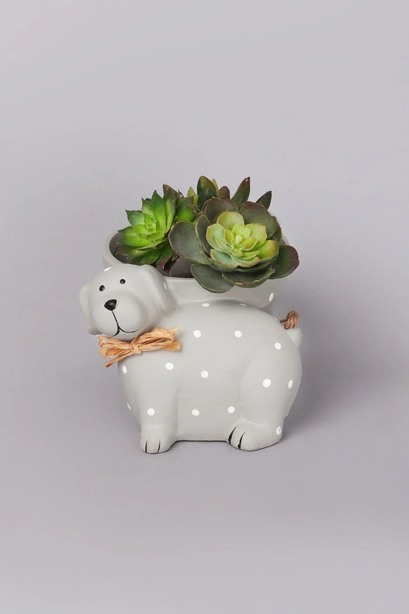 Percy Polka Dot Hand-Painted Ceramic Dog Planter in Soft Grey
