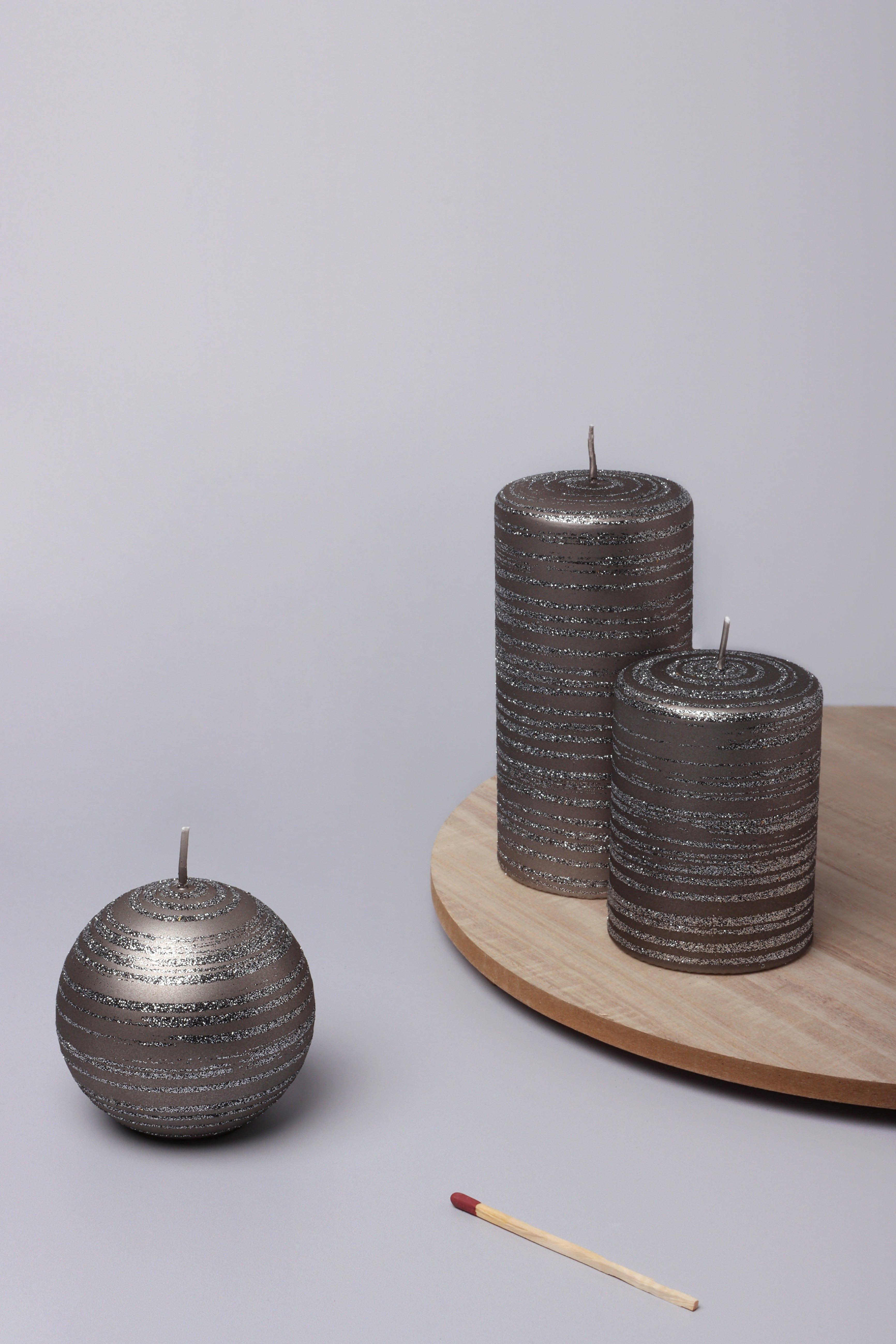 Grey Stripes Dark Glitter Shimmer Gloss Pillar Candles - G Decor