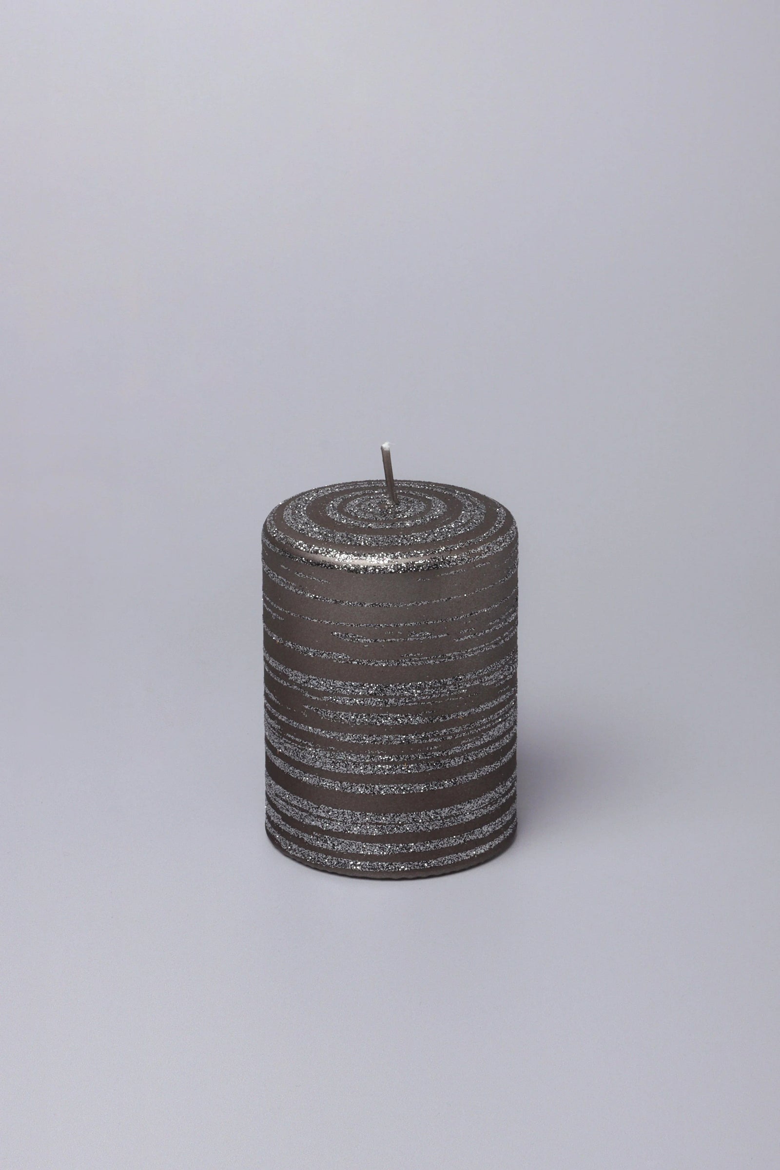 Nocturne Stripe Hand-Painted Waxwork Candle in Graphite and Silver — close-up view, G Decor