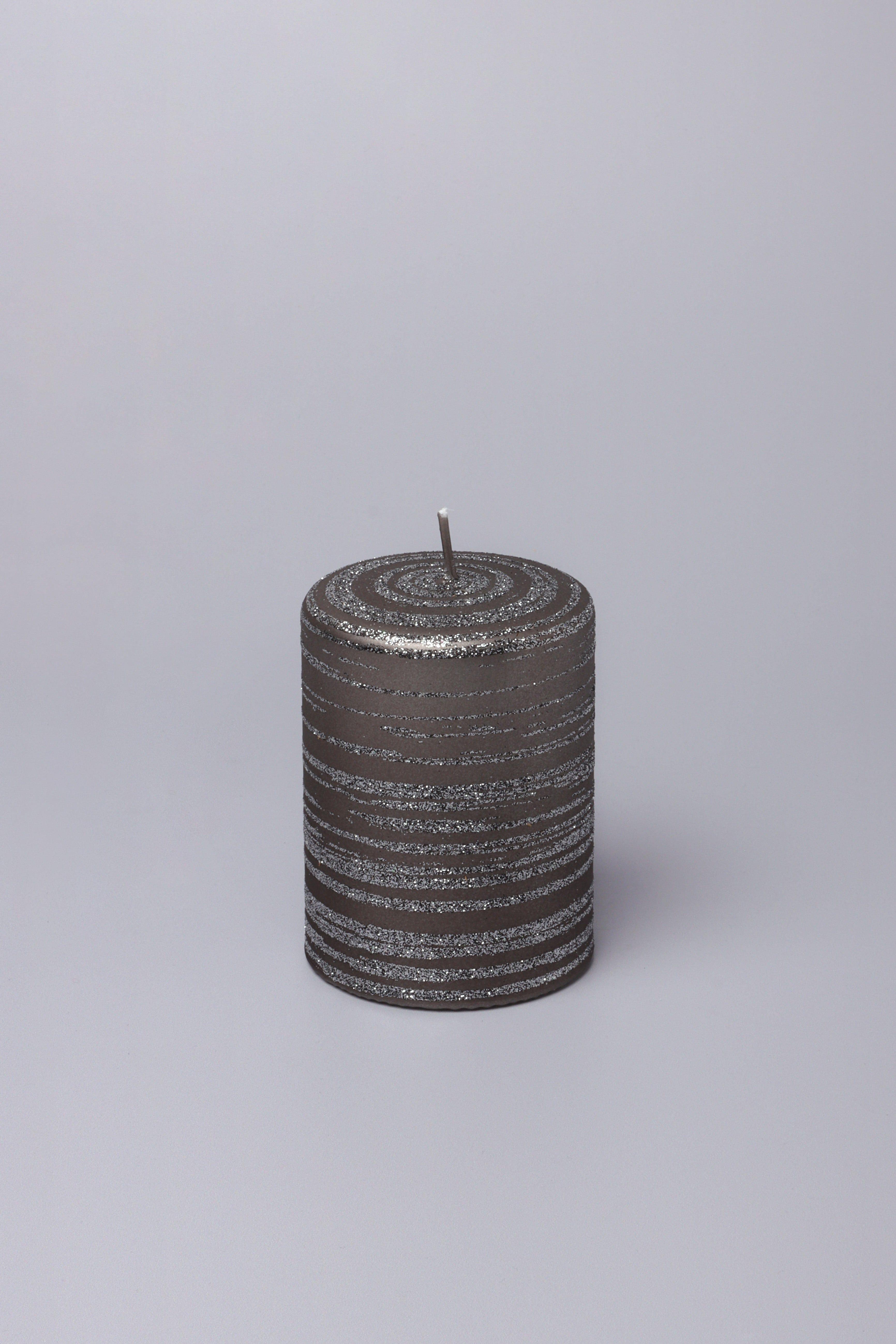Grey Stripes Dark Glitter Shimmer Gloss Pillar Candles - G Decor