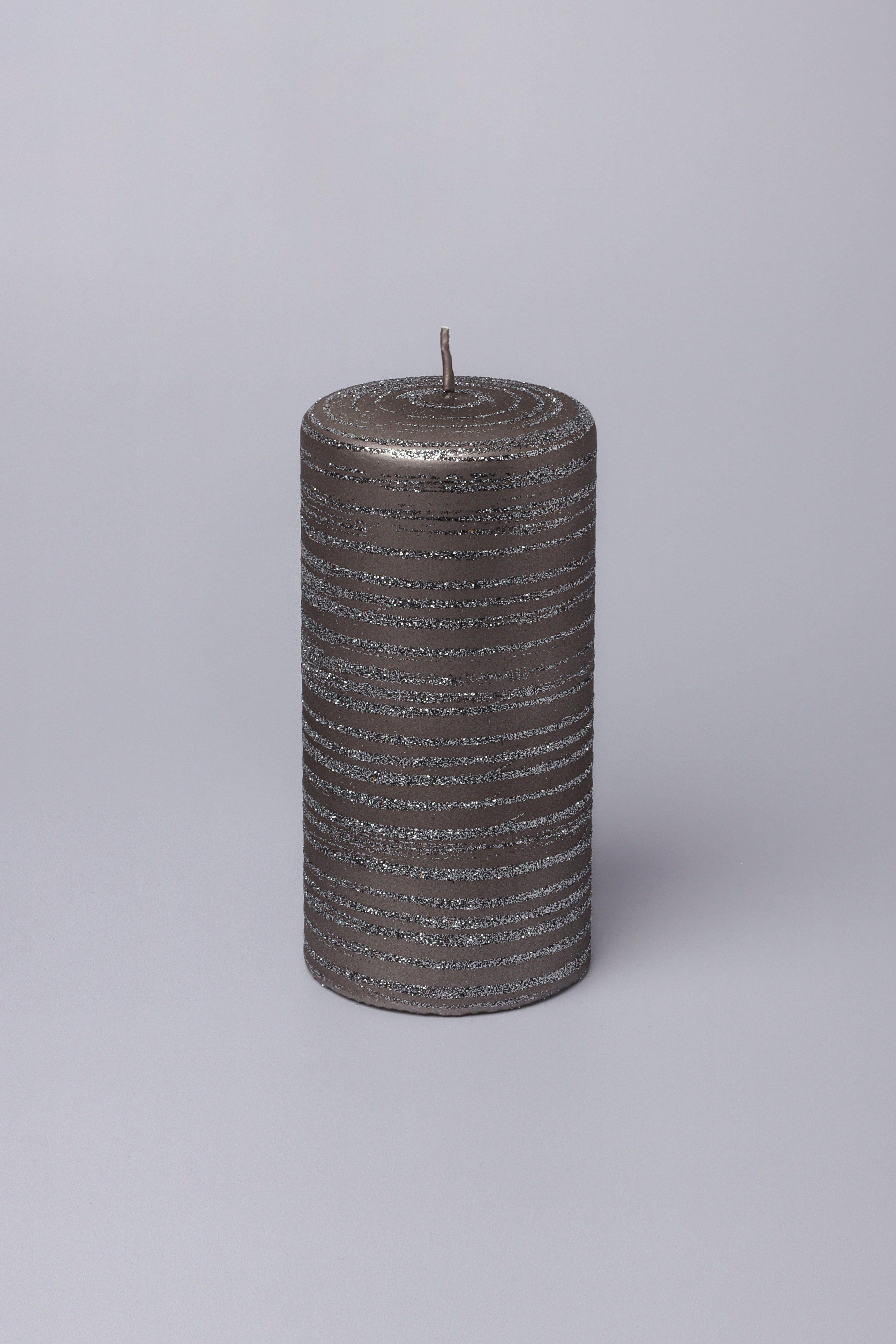 Grey Stripes Dark Glitter Shimmer Gloss Pillar Candles - G Decor