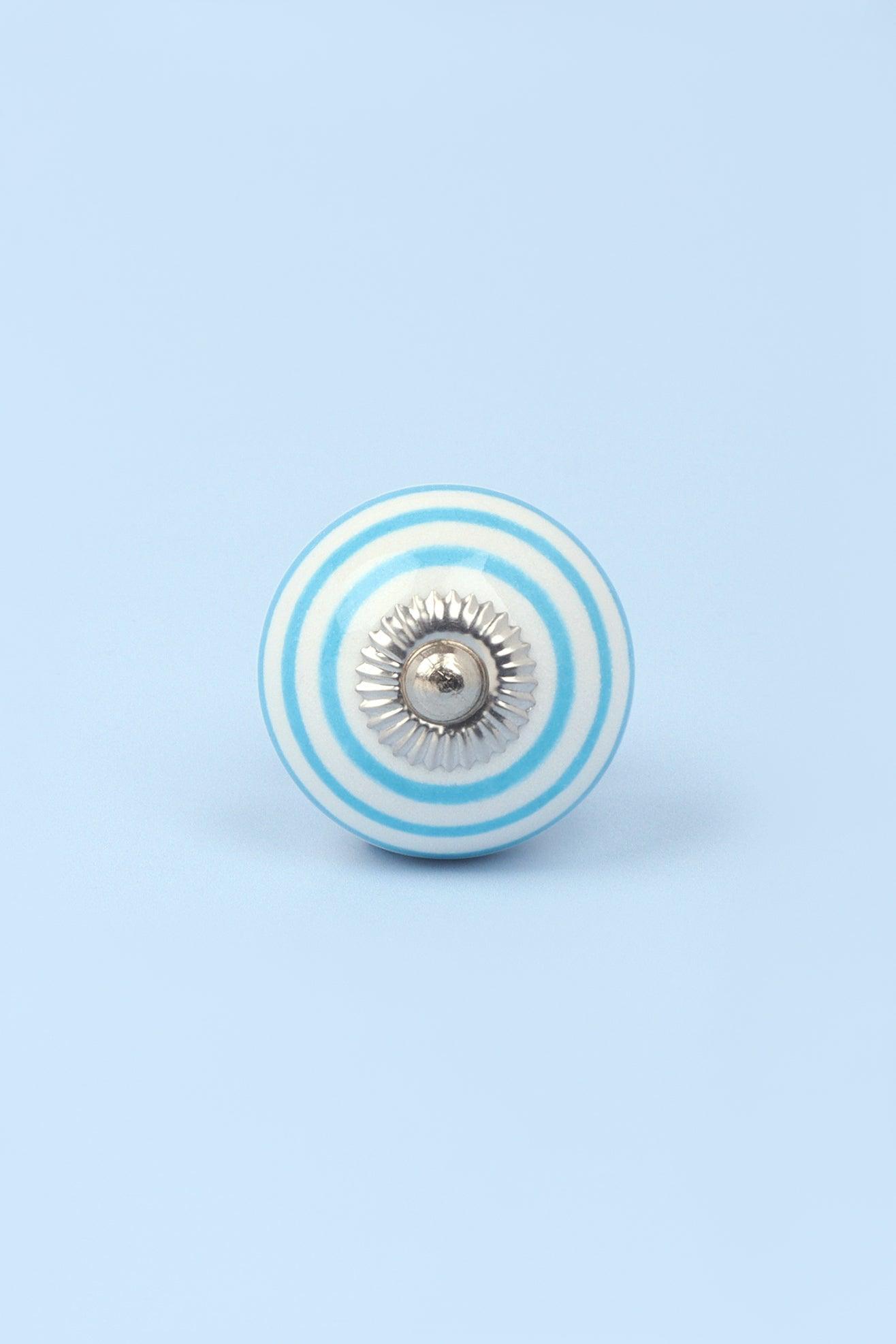 Handcrafted & Handpainted Striped Ceramic Door Knobs White Base Cupboard Pull Handles In Grey and Blue - G Decor
