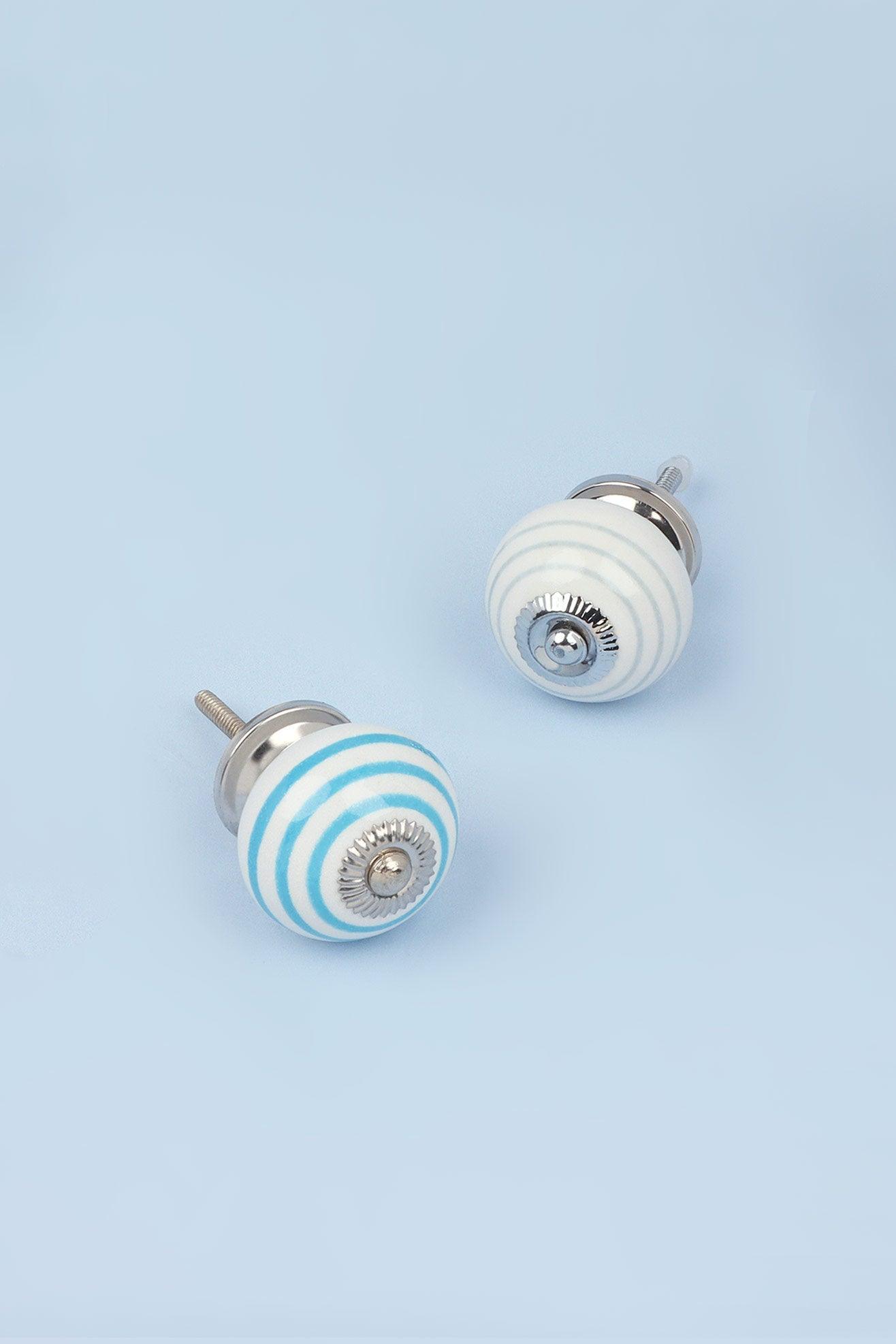 Handcrafted & Handpainted Striped Ceramic Door Knobs White Base Cupboard Pull Handles In Grey and Blue - G Decor
