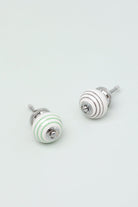 Handcrafted & Handpainted Striped Ceramic Door Knobs White Base Cupboard Pull Handles In Grey and Green - G Decor