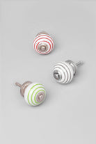 Handcrafted & Handpainted Striped Ceramic Door Knobs White Base Cupboard Pull Handles In Red, Light Green And Dark Gray - G Decor