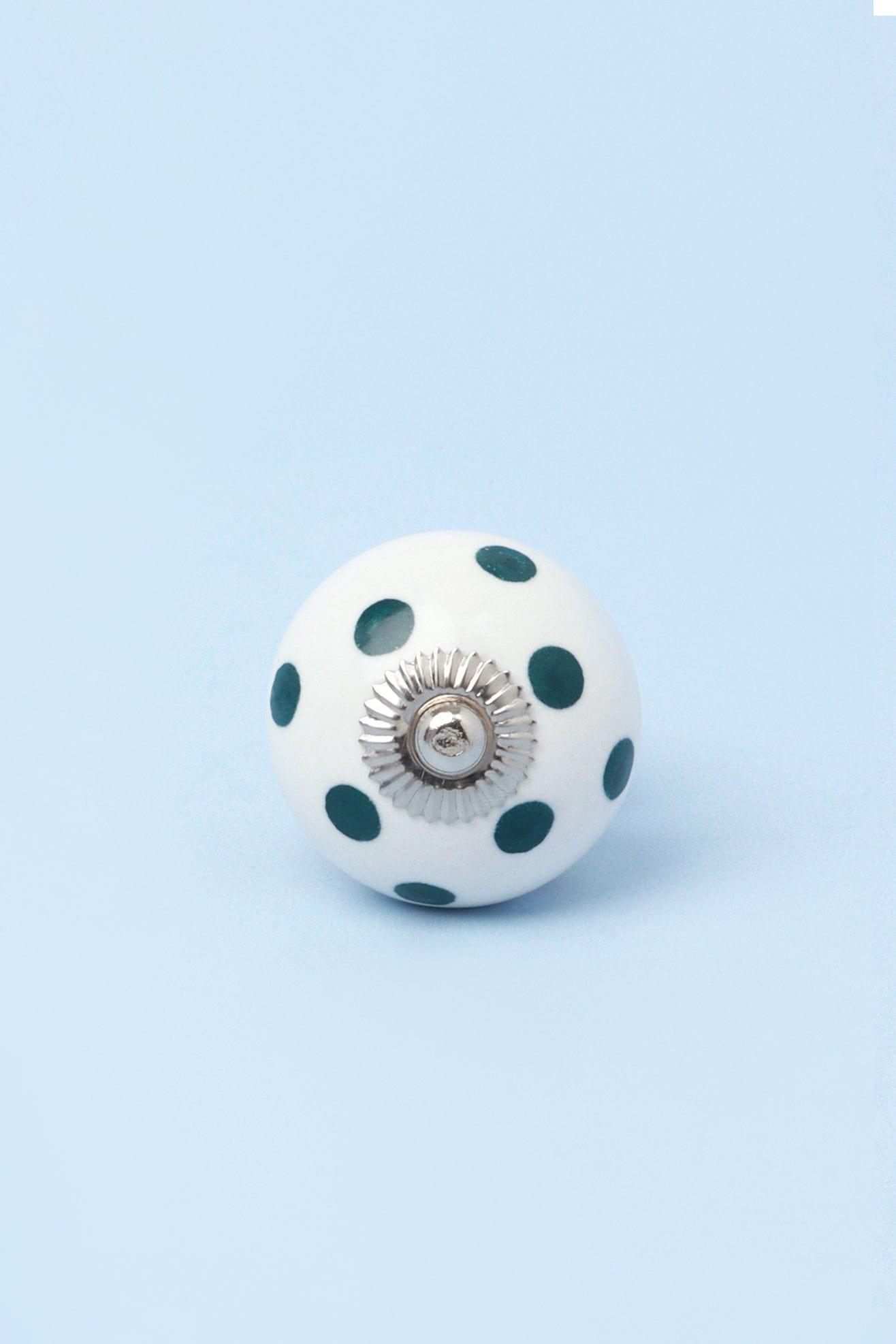 Handcrafted & Handpainted White Base Polka Dot Ceramic Door Knobs In Darks Blue And Green - G Decor