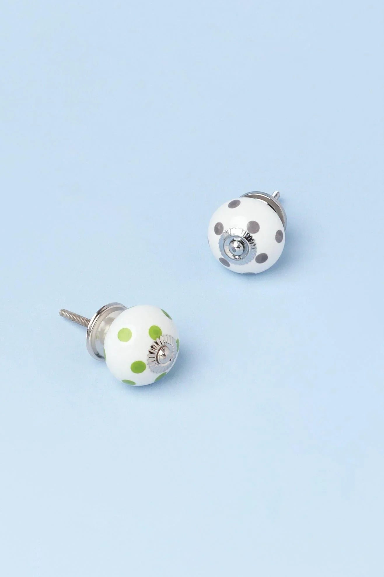 Polka Dot Hand-Painted Ceramic Cabinet Knob in Light Green and Grey