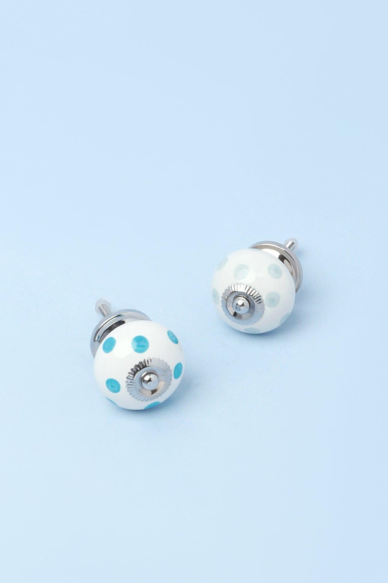Handcrafted & Handpainted White Base Polka Dot Ceramic Door Knobs In Lights Blue And Grey - G Decor