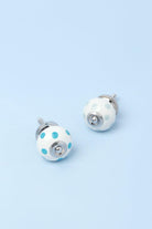 Handcrafted & Handpainted White Base Polka Dot Ceramic Door Knobs In Lights Blue And Grey - G Decor