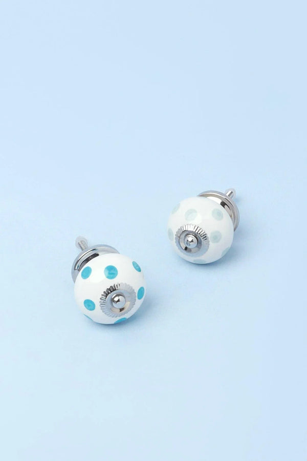 Polka Dot Hand-Painted Ceramic Cabinet Knob in Light Blue and Grey