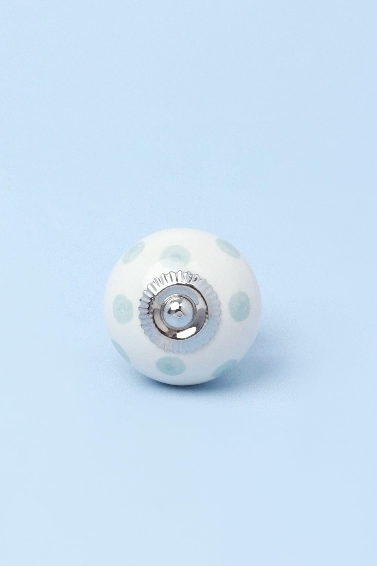 Handcrafted &amp; Handpainted White Base Polka Dot Ceramic Door Knobs In Lights Blue And Grey - G Decor