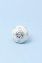Polka Dot Hand-Painted Ceramic Cabinet Knob in Light Blue and Grey — close-up view, G Decor