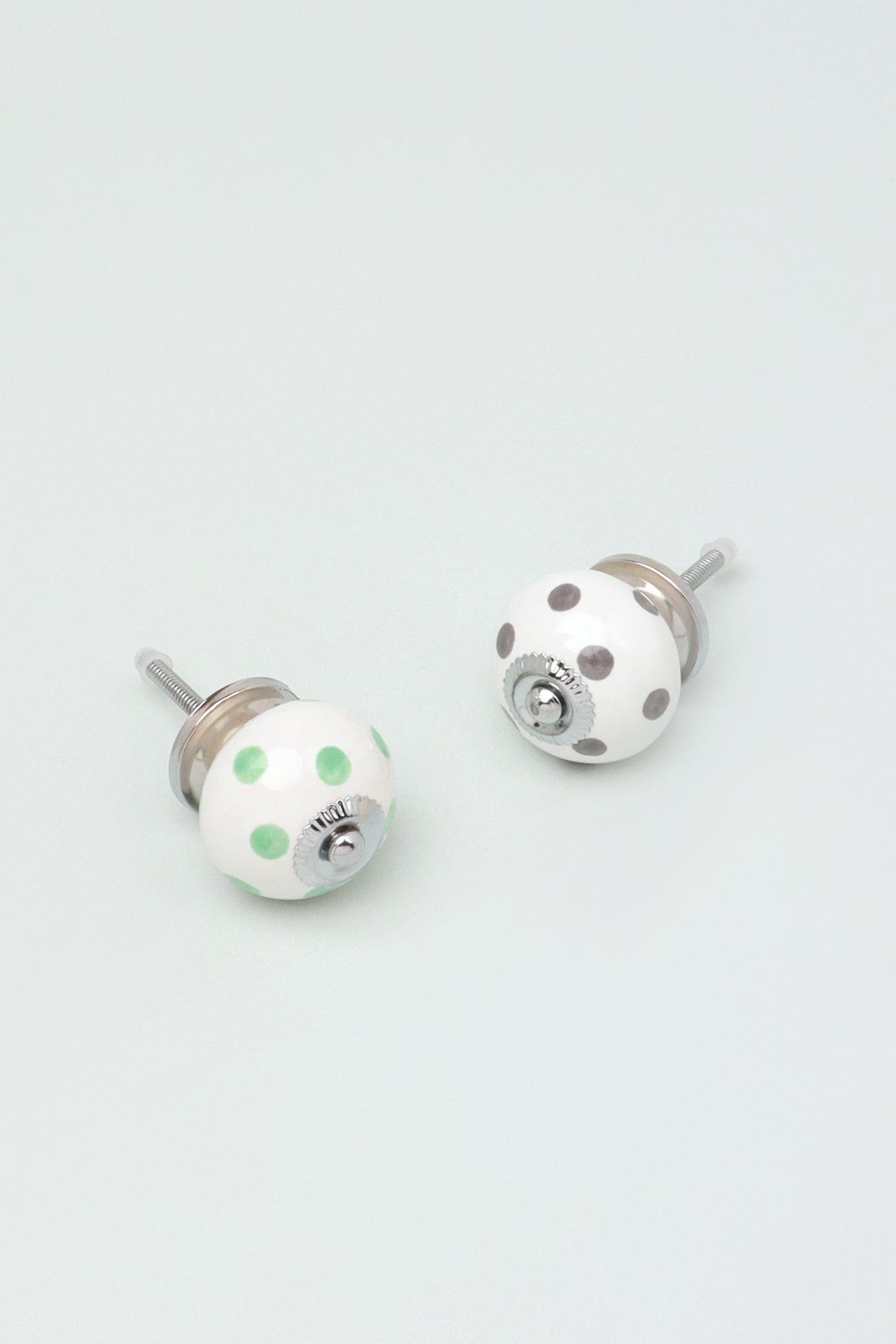 Handcrafted &amp; Handpainted White Base Polka Dot Ceramic Door Knobs In Mint and Dark Grey - G Decor