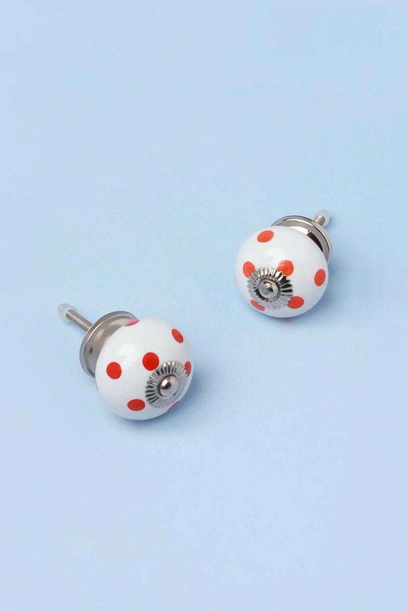 Polka Dot Hand-Painted Ceramic Cabinet Knob in Orange and Red