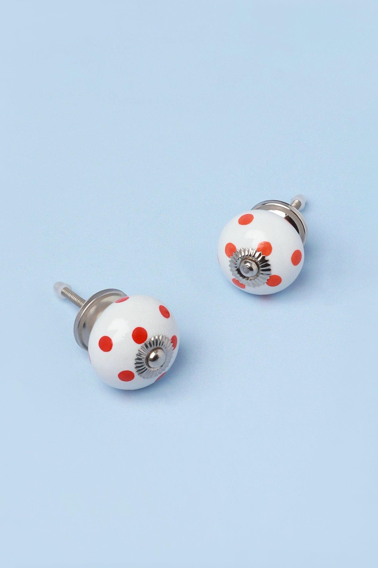 Handcrafted & Handpainted White Base Polka Dot Ceramic Door Knobs In Orange And Red - G Decor