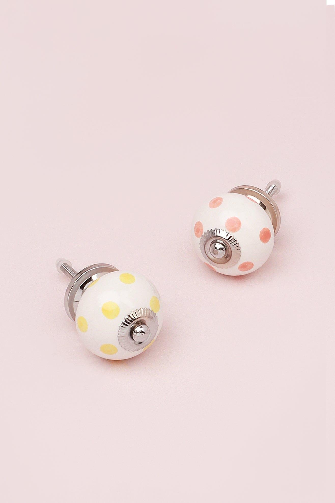Handcrafted & Handpainted White Base Polka Dot Ceramic Door Knobs In Pastel Yellow And Baby Pink - G Decor