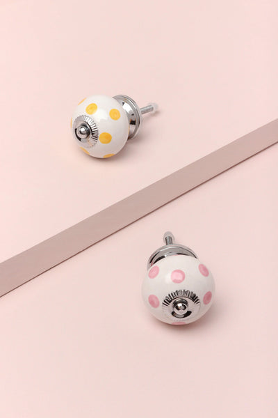 Polka Dot Hand-Painted Ceramic Cabinet Knob in Yellow and Pink