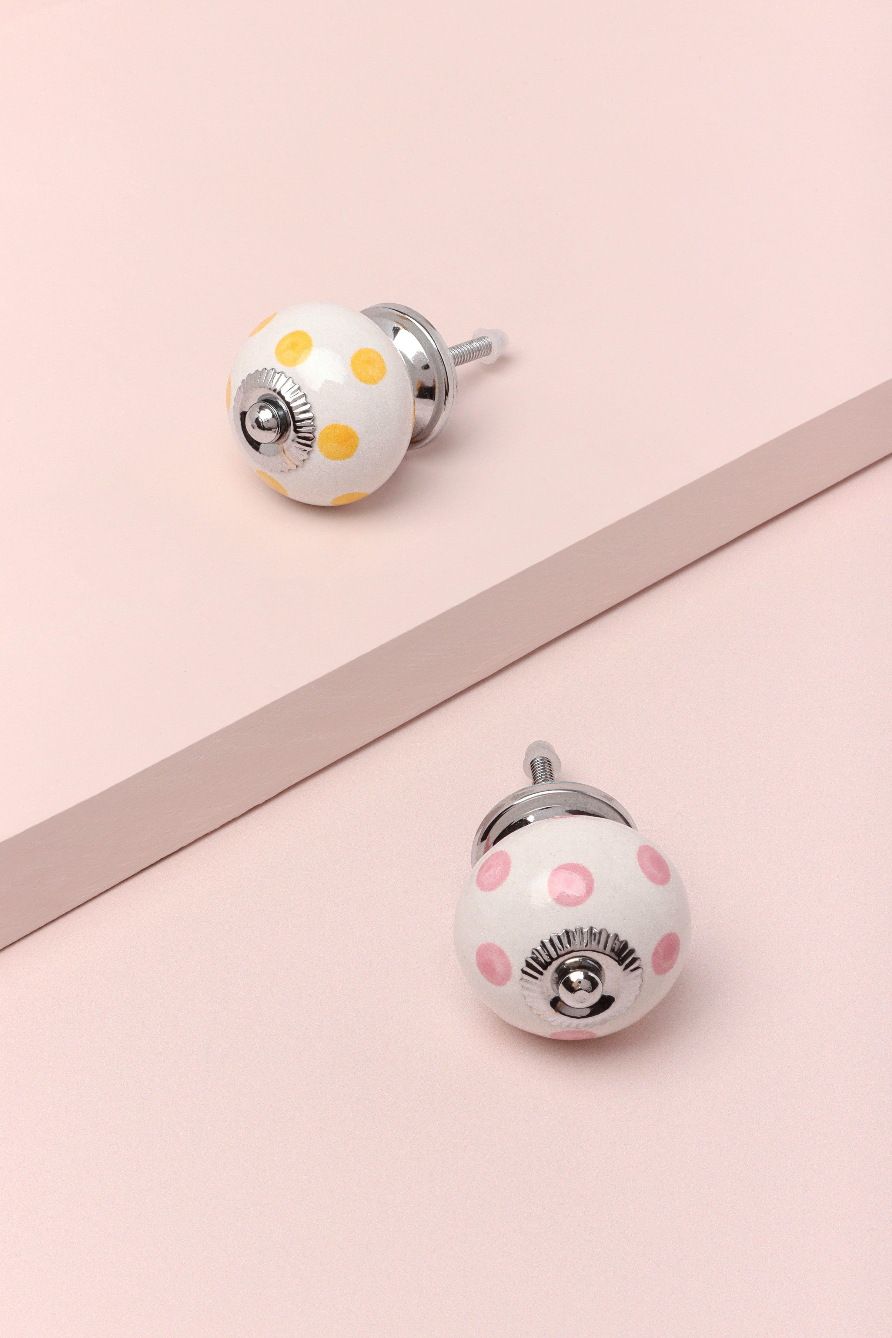 Handcrafted & Handpainted White Base Polka Dot Ceramic Door Knobs In Yellow And Pink - G Decor