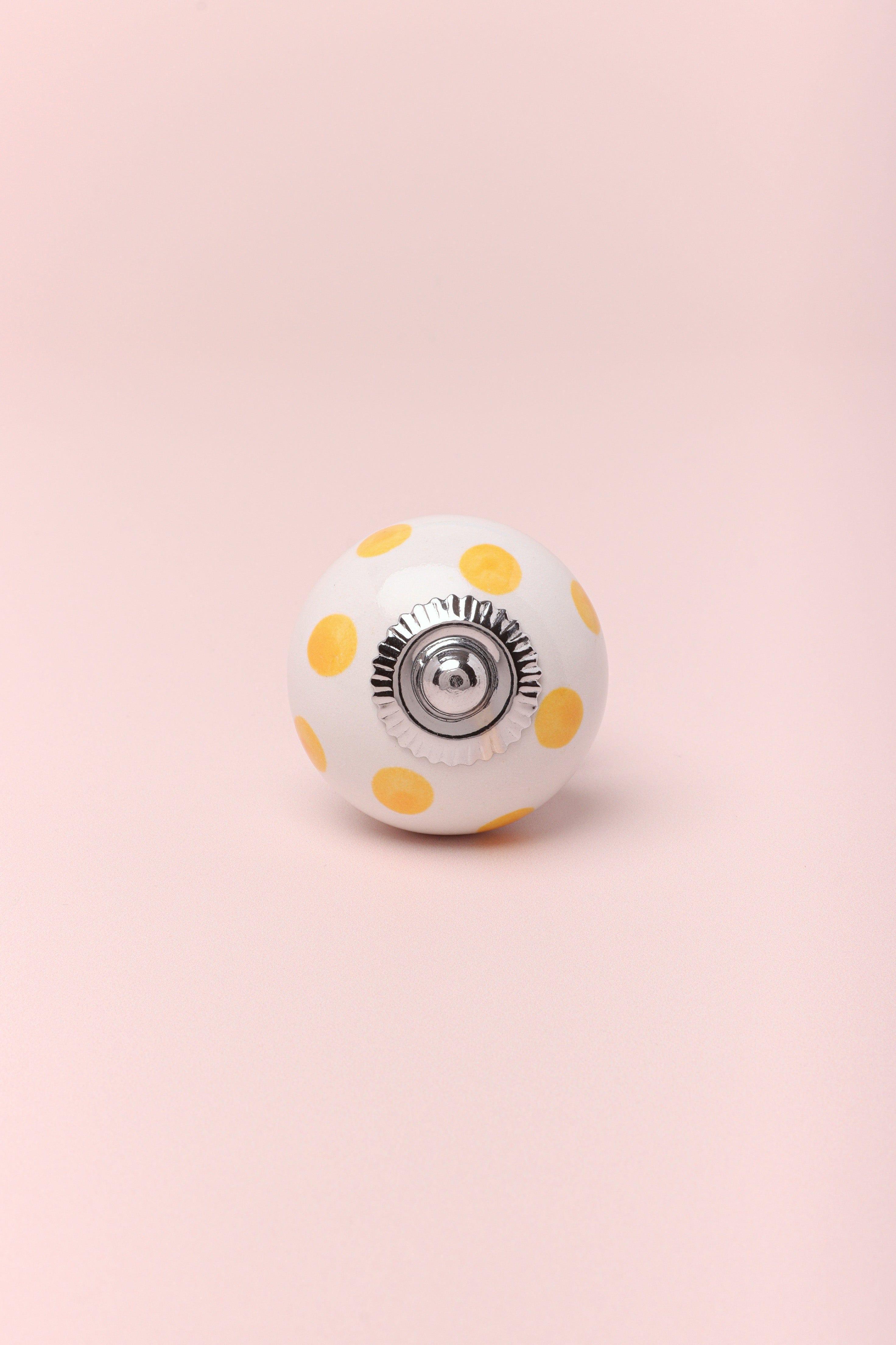 Handcrafted & Handpainted White Base Polka Dot Ceramic Door Knobs In Yellow And Pink - G Decor