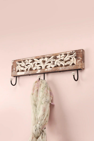 Antique Floral Carved Mango Wood Wall Hook Rack with 3 Hooks