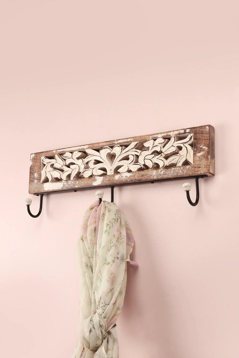 Antique Floral Carved Mango Wood Wall Hook Rack with 3 Hooks
