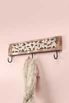 Handcrafted Antique Floral Carved Wooden Wall Hook Rack Rustic 3-Hook Hanger in Whitewashed Mango Wood - G Decor