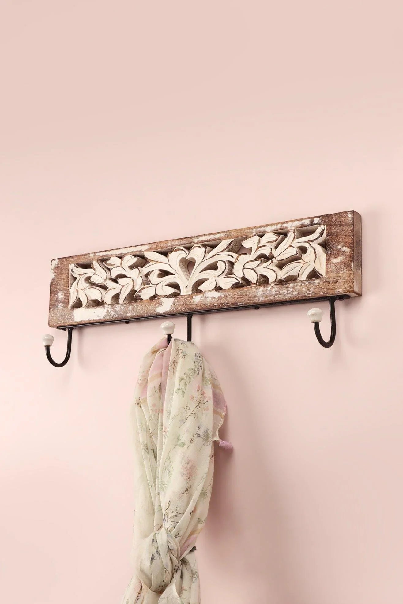 Antique Floral Carved Mango Wood Wall Hook Rack with 3 Hooks