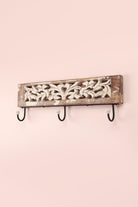 Handcrafted Antique Floral Carved Wooden Wall Hook Rack Rustic 3-Hook Hanger in Whitewashed Mango Wood - G Decor