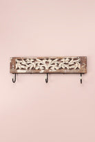 Handcrafted Antique Floral Carved Wooden Wall Hook Rack Rustic 3-Hook Hanger in Whitewashed Mango Wood - G Decor