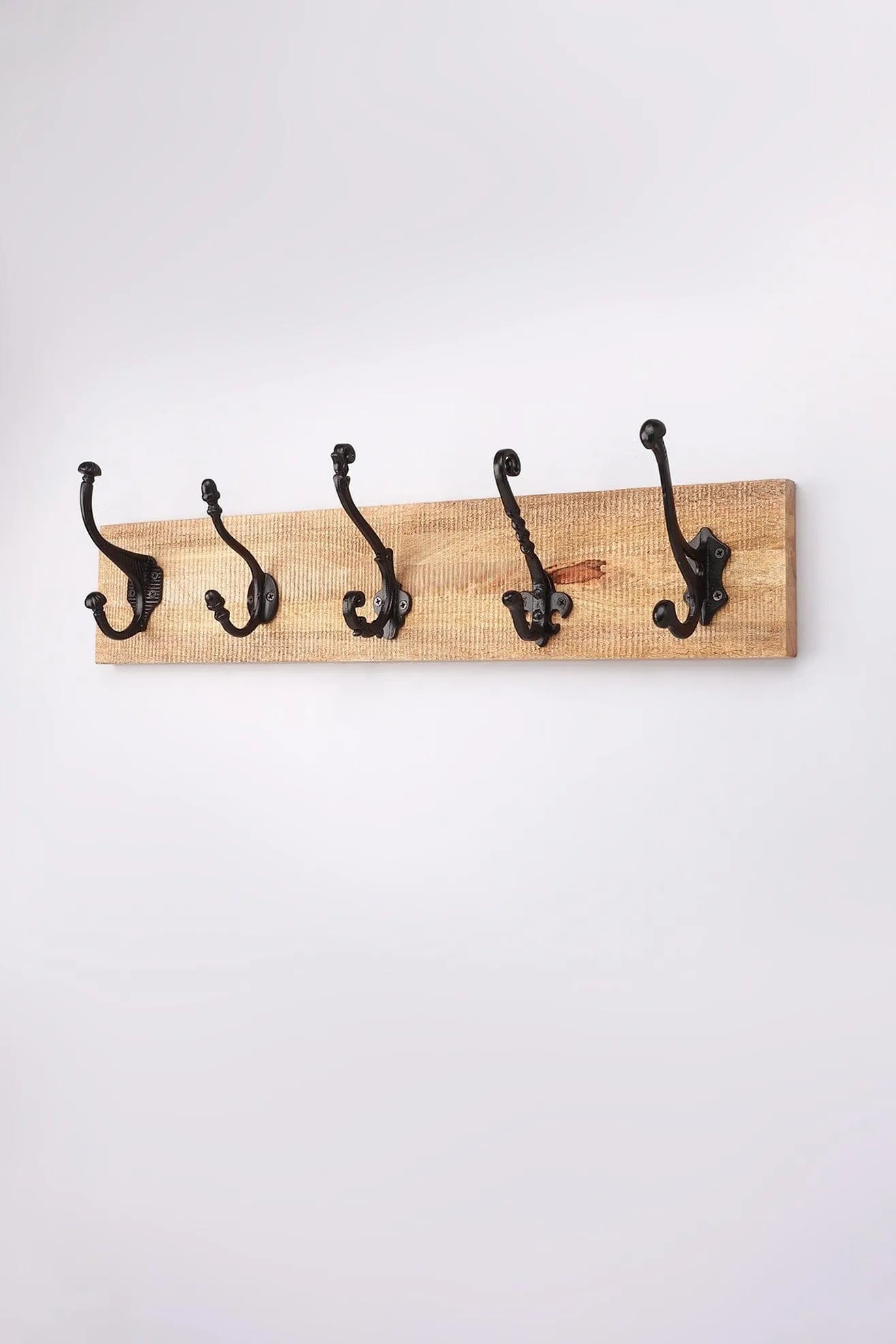 Reclaimed Wood and Cast Iron Wall Rack with 5 Vintage Hooks