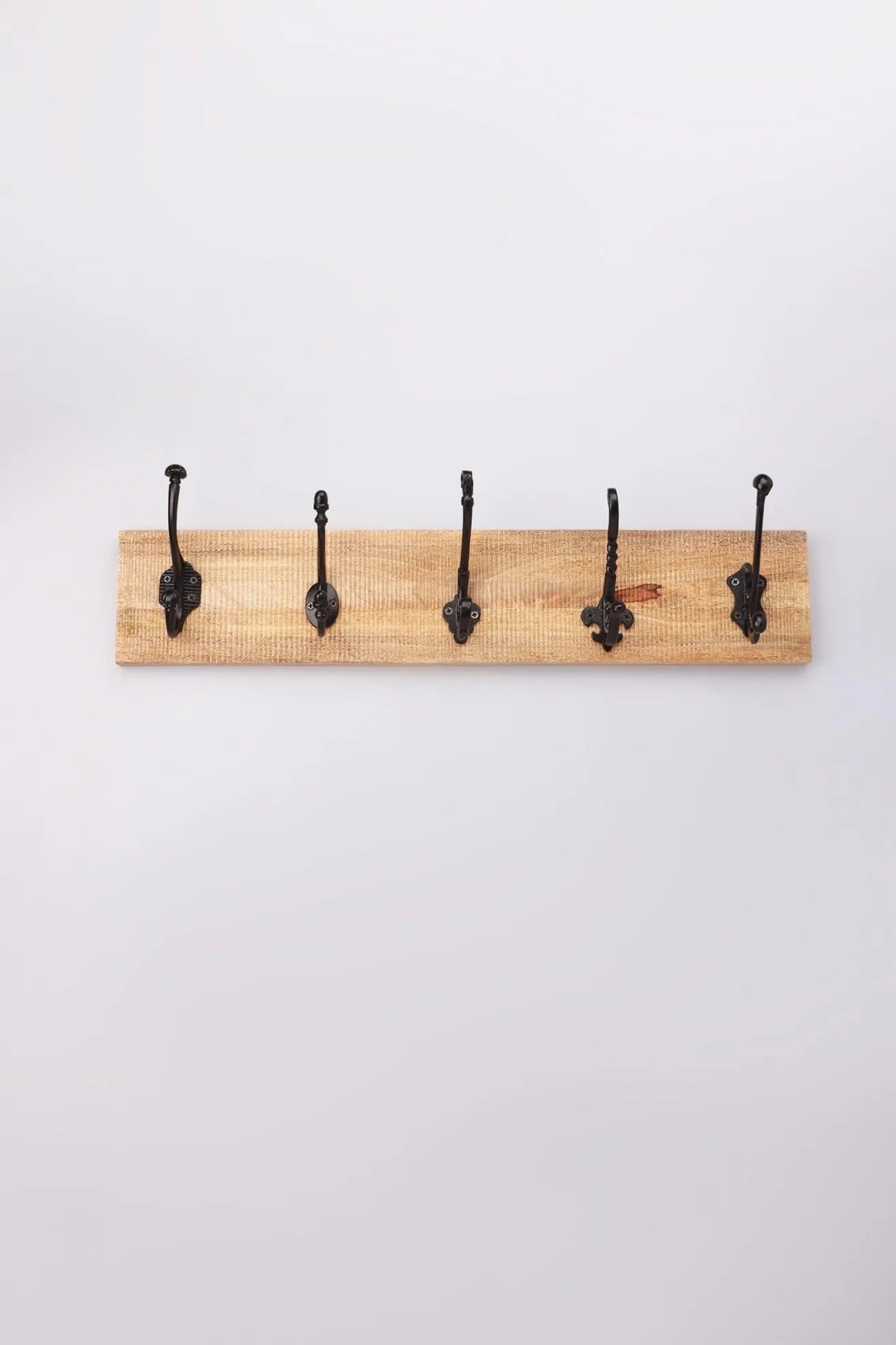 Reclaimed Wood and Cast Iron Wall Rack with Vintage Hooks — alternate view, G Decor