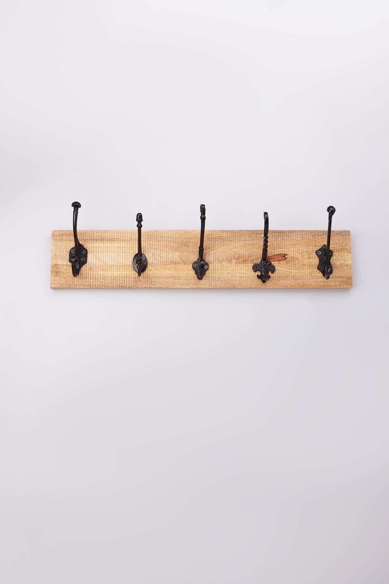 Handcrafted Reclaimed Wood & Cast Iron Wall Rack – 5-Hook Vintage Coat & Hat Hanger - G Decor