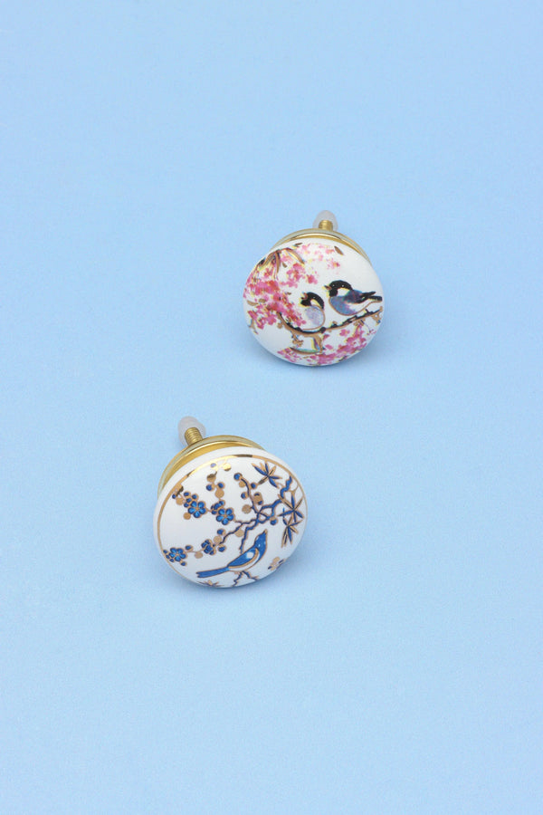 Singing Birds Ceramic Cabinet Knob in Pink and Blue