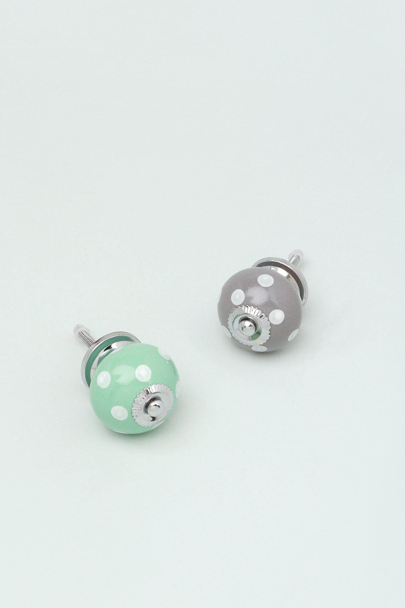 Handmade Hand-Painted Polka Dot Ceramic Door Knob In Mint And Dark Grey - G Decor