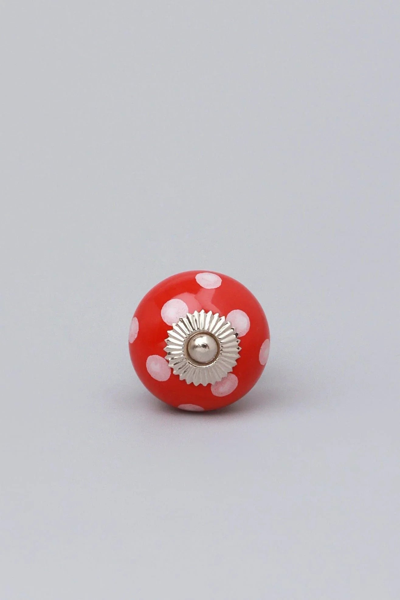 Polka Dot Ceramic Cabinet Knob in Red Light Green and Orange — lifestyle view, G Decor