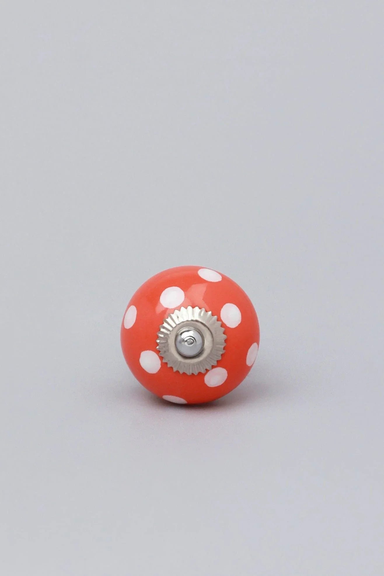 Polka Dot Ceramic Cabinet Knob in Red Light Green and Orange — close-up view, G Decor