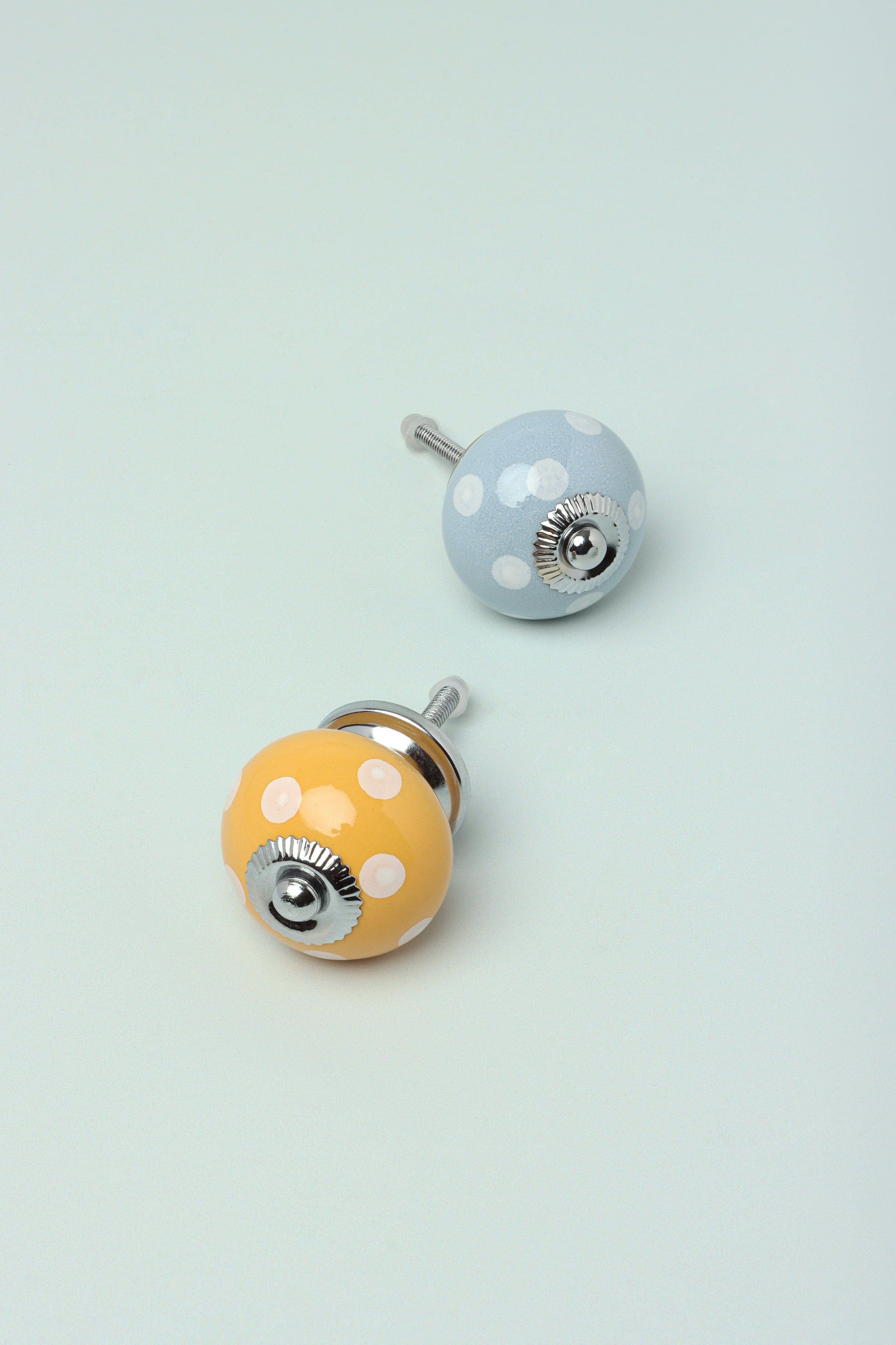 Handmade Hand-Painted Polka Dot Ceramic Door Knob In Yellow And Grey - G Decor