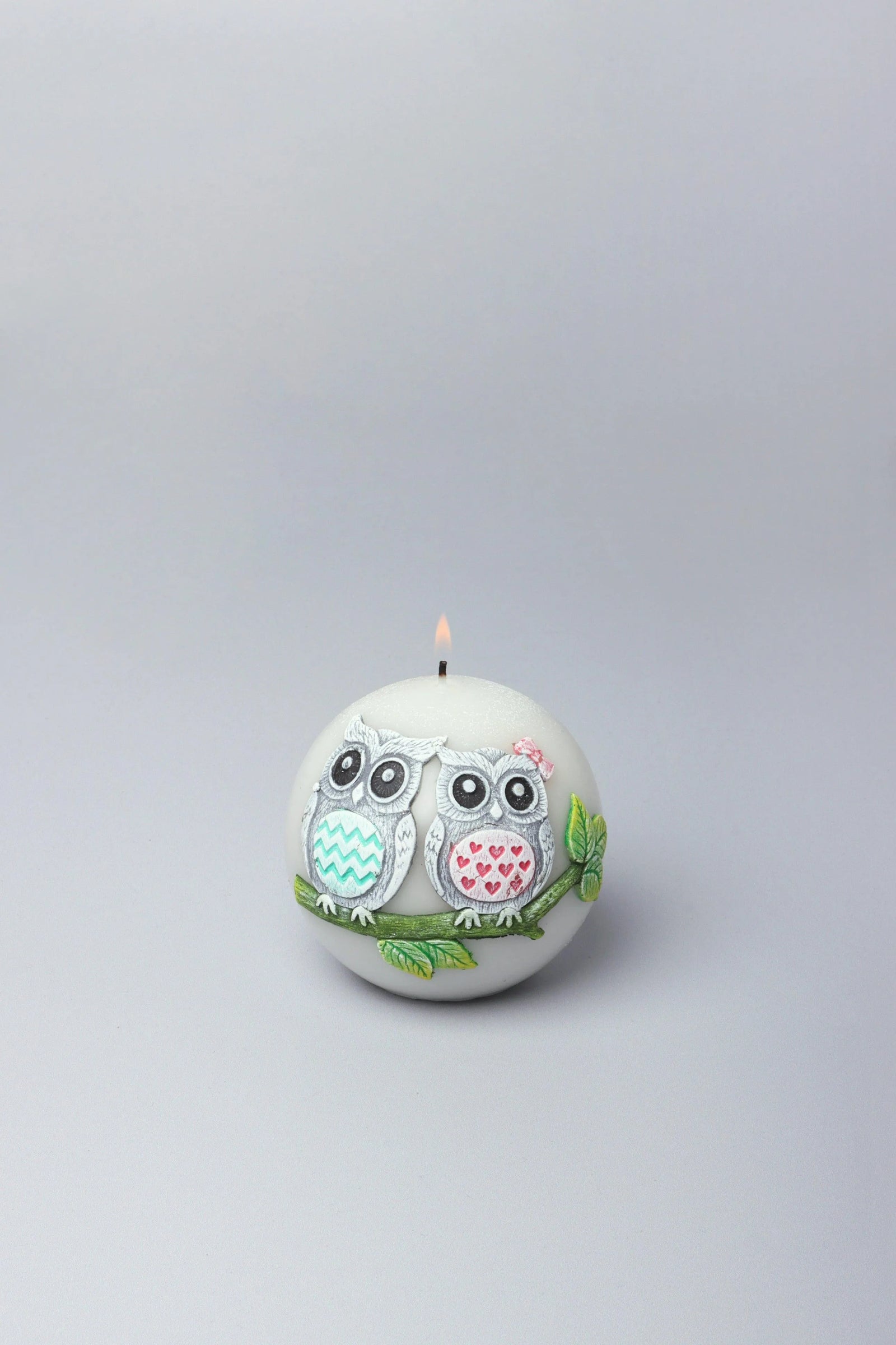 Hootique Owl Couple Candle in Grey — close-up view, G Decor